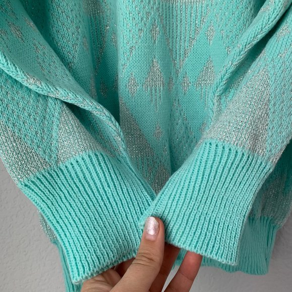 VINTAGE Mint Blue Christmas Ski Sweater Silver Winter Holiday Sweater Sparkly - Picture 9 of 12